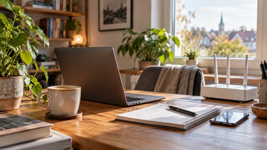 Homeoffice-Arbeitsplatz mit Laptop und WLAN-Router