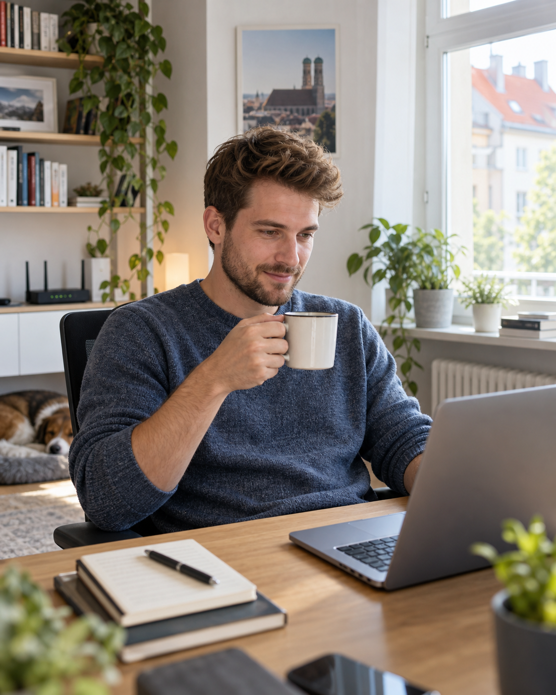 NetzKompakt Technik-Blogger arbeitet entspannt mit einem Laptop im Homeoffice